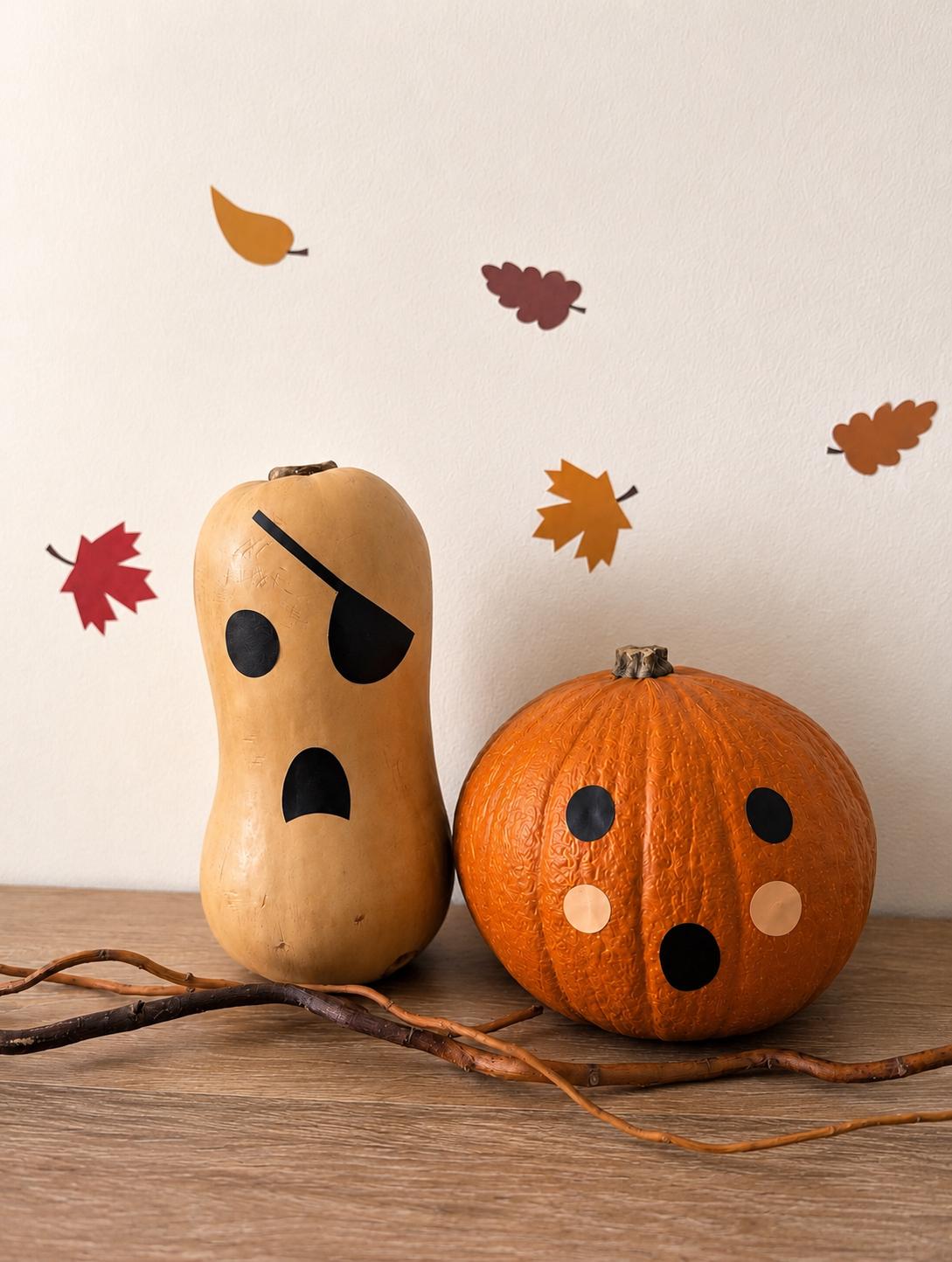 Jack o lantern face stickers applied to pumpkins