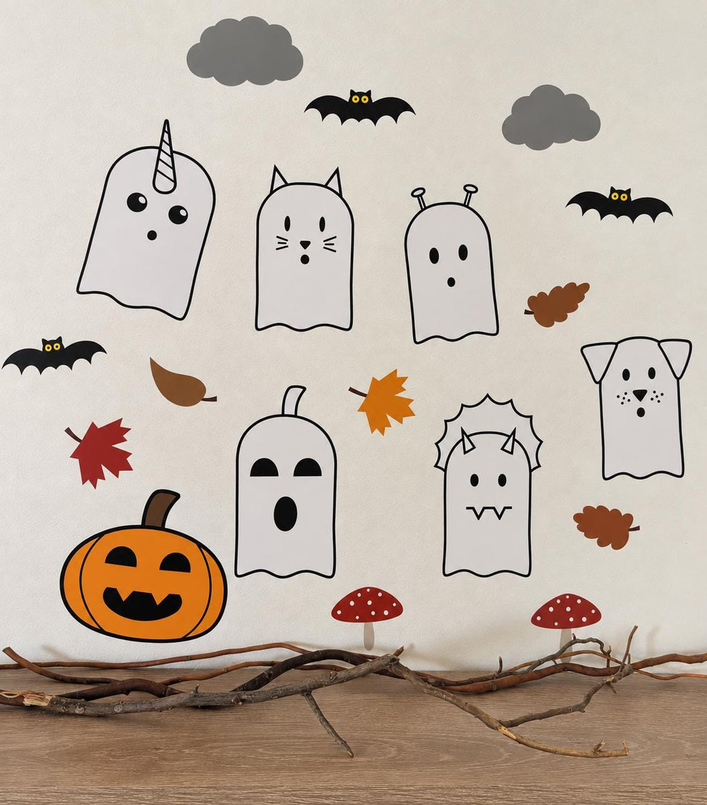 Midi Halloween autumn ghost and pumpkin wall decal set