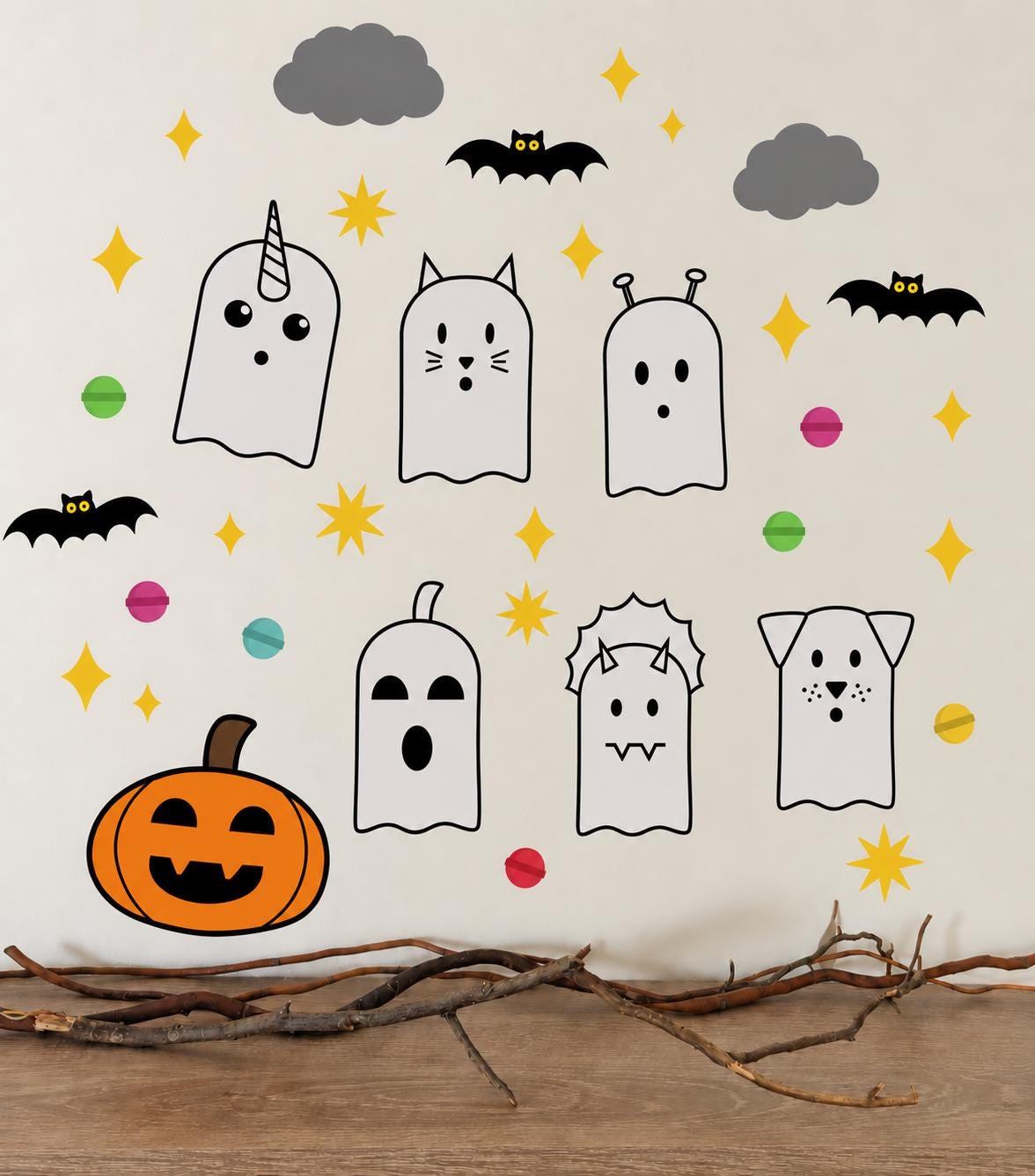 Ghost, bat and candy wall decals